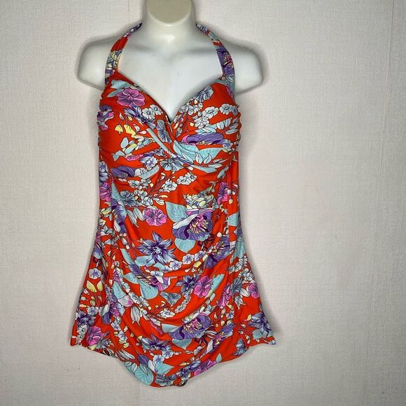 Ekouaer Womens One Piece Swimsuit Boy Leg Vintage Pin up Monokinis Orange Floral - Picture 6 of 8
